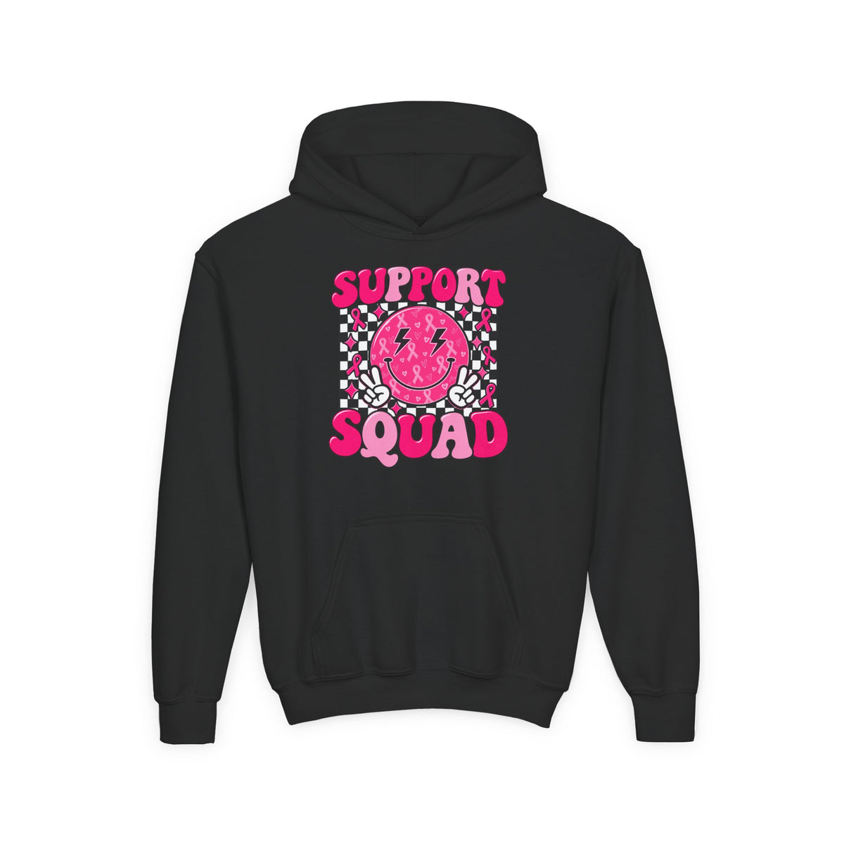 Support Squad Youth Hoodie — Pink Smiley Checkerboard Graphic
