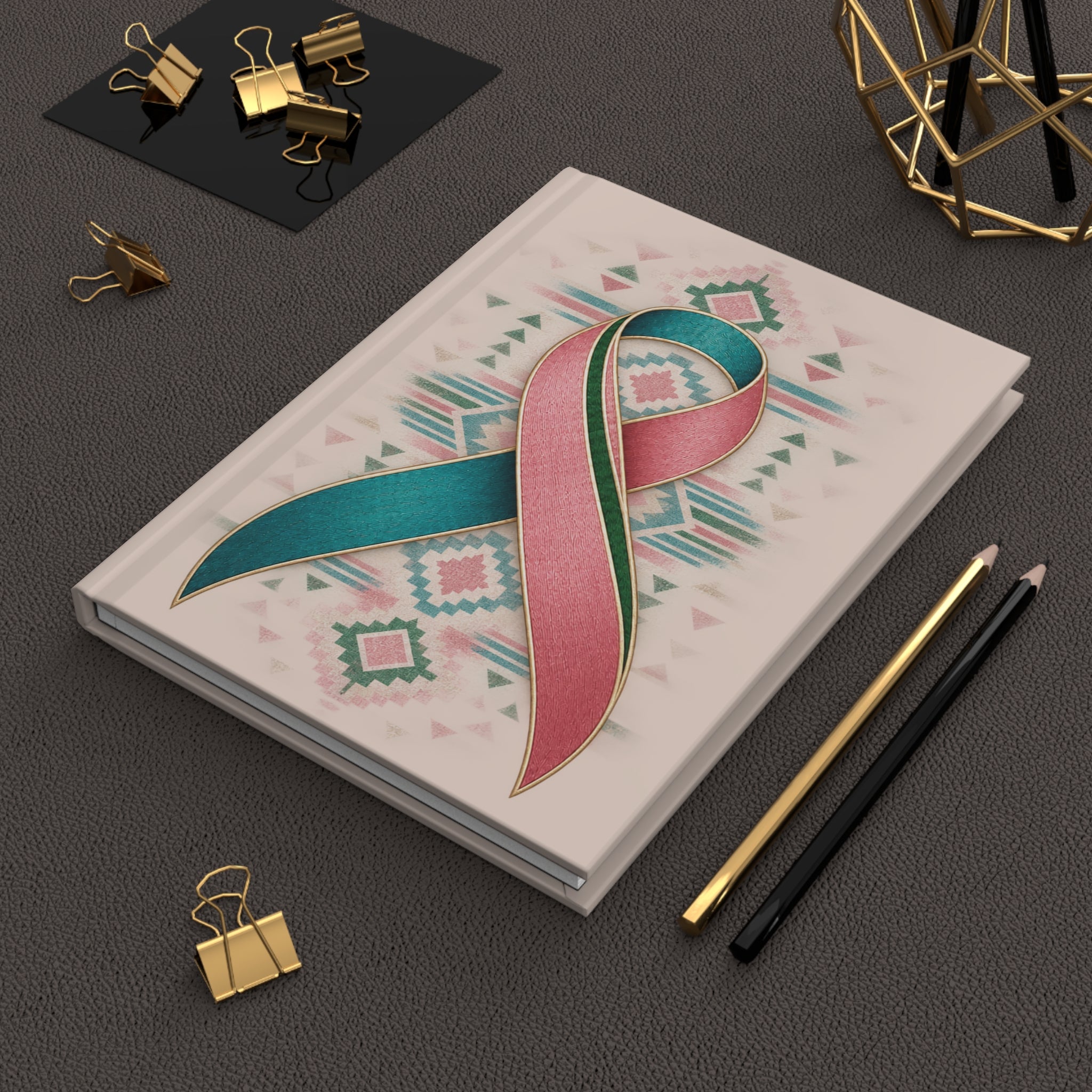Metastatic Breast Cancer Awareness Ribbon Hardcover Journal — Teal & Pink Support Notebook