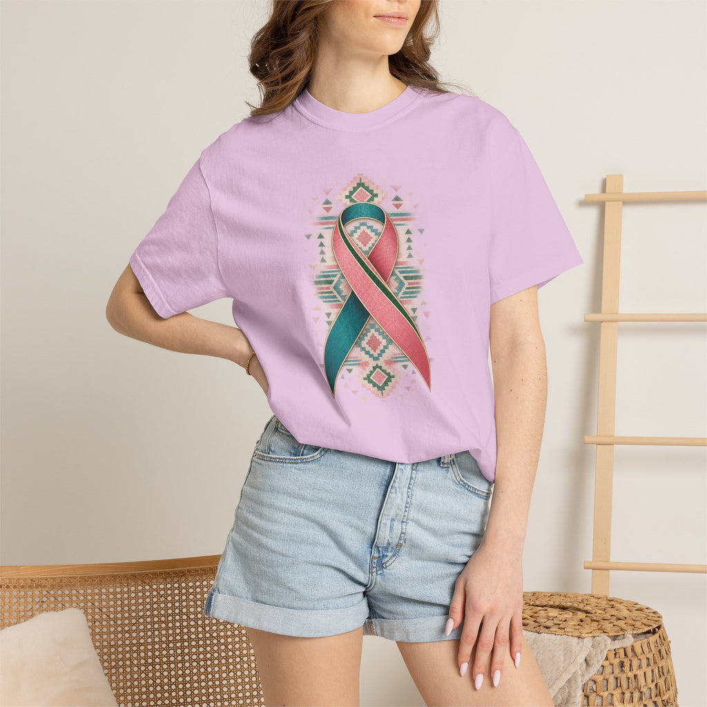 Metastatic Breast Cancer Awareness Ribbon Tee — Desert Aztec Teal & pink  Support Shirt