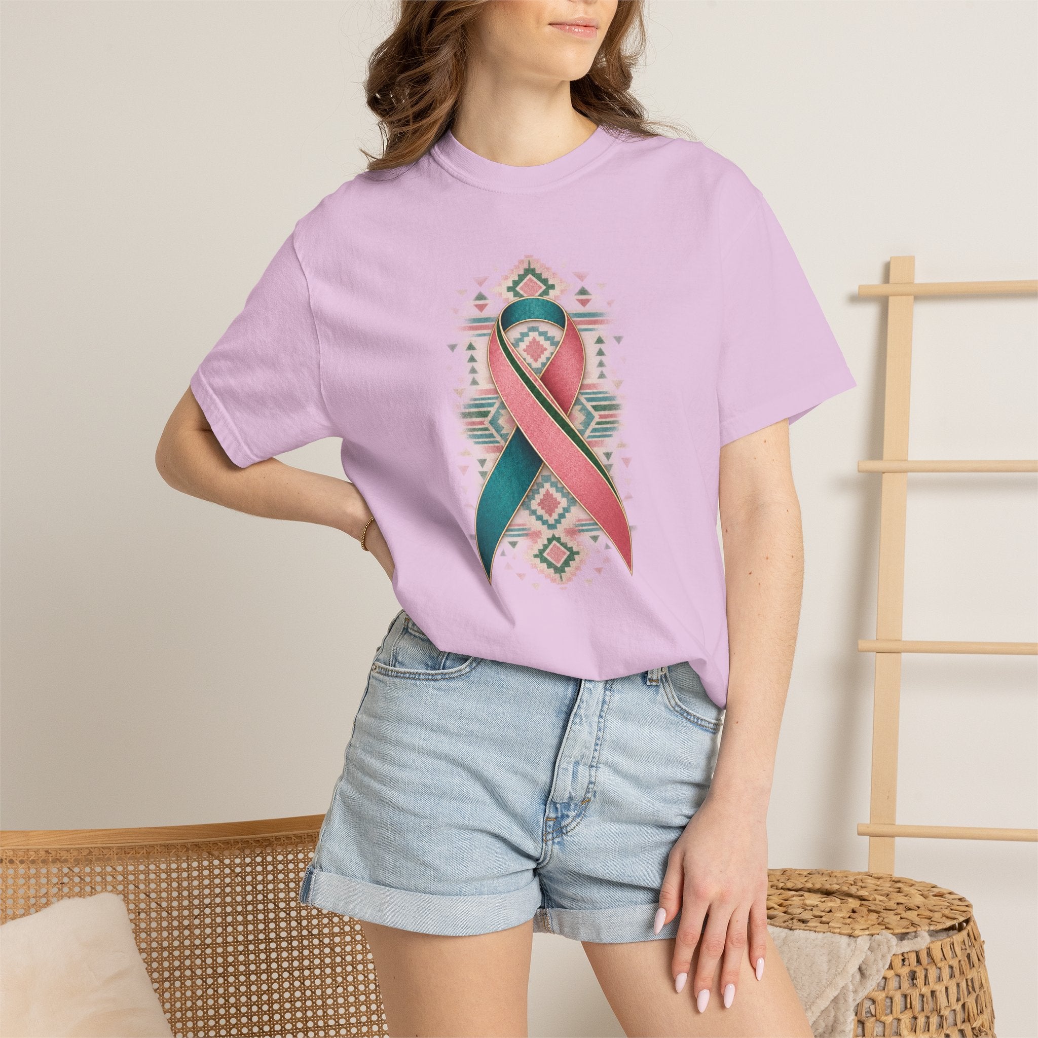 Metastatic Breast Cancer Awareness Ribbon Tee — Desert Aztec Teal & pink  Support Shirt