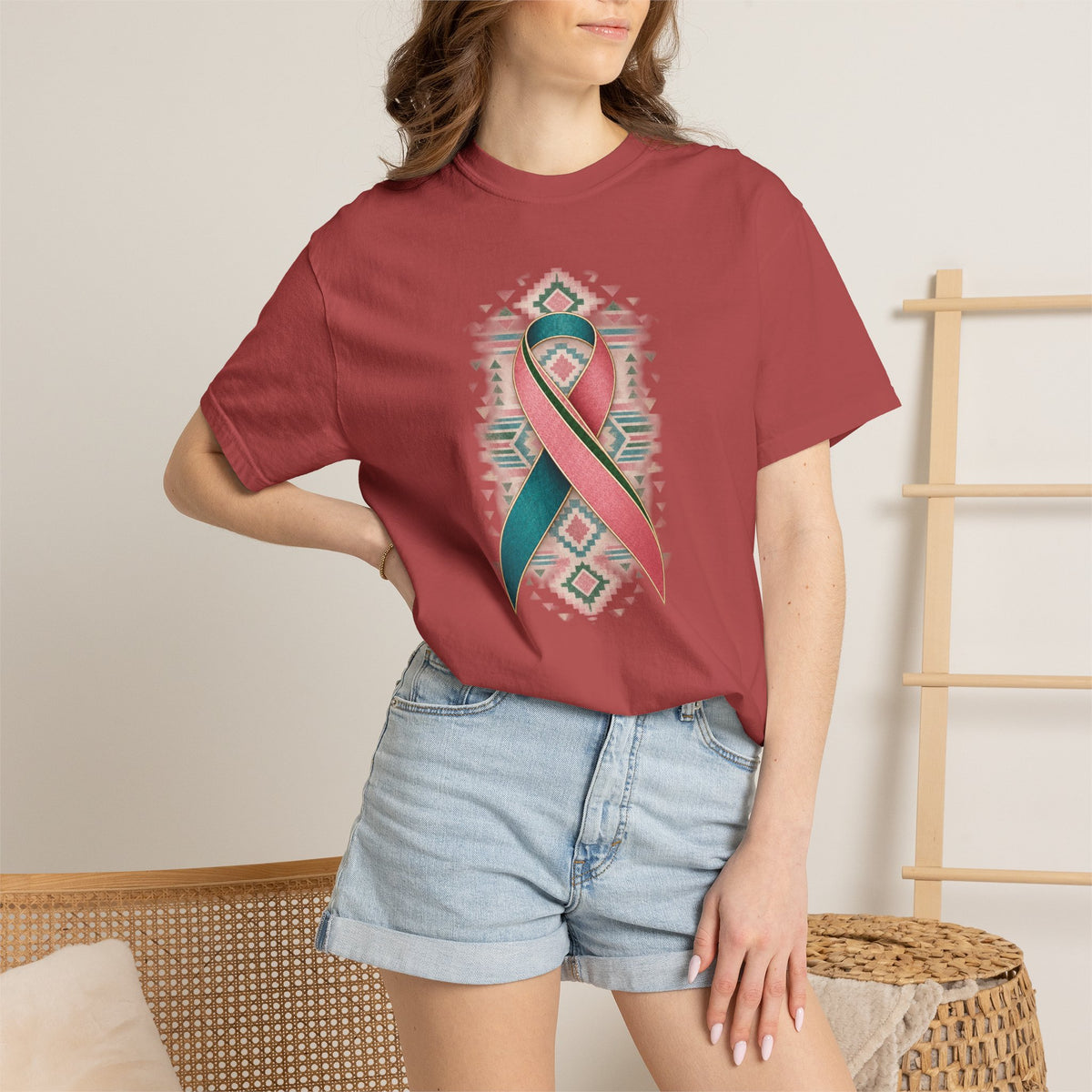 Metastatic Breast Cancer Awareness Ribbon Tee — Desert Aztec Teal & pink  Support Shirt