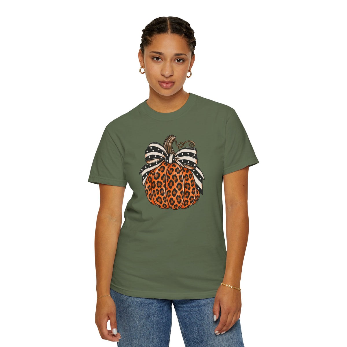 Leopard Pumpkin T-Shirt — Autumn Pumpkin Graphic Tee with Polka Dot Bow