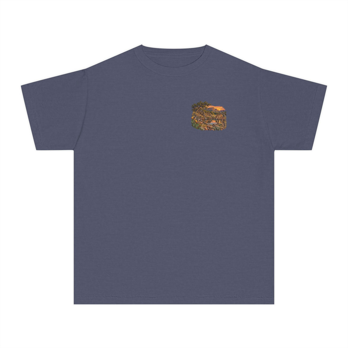 denim youth Caprock Critters at Sunset tee with front and back West Texas wildlife artwork.