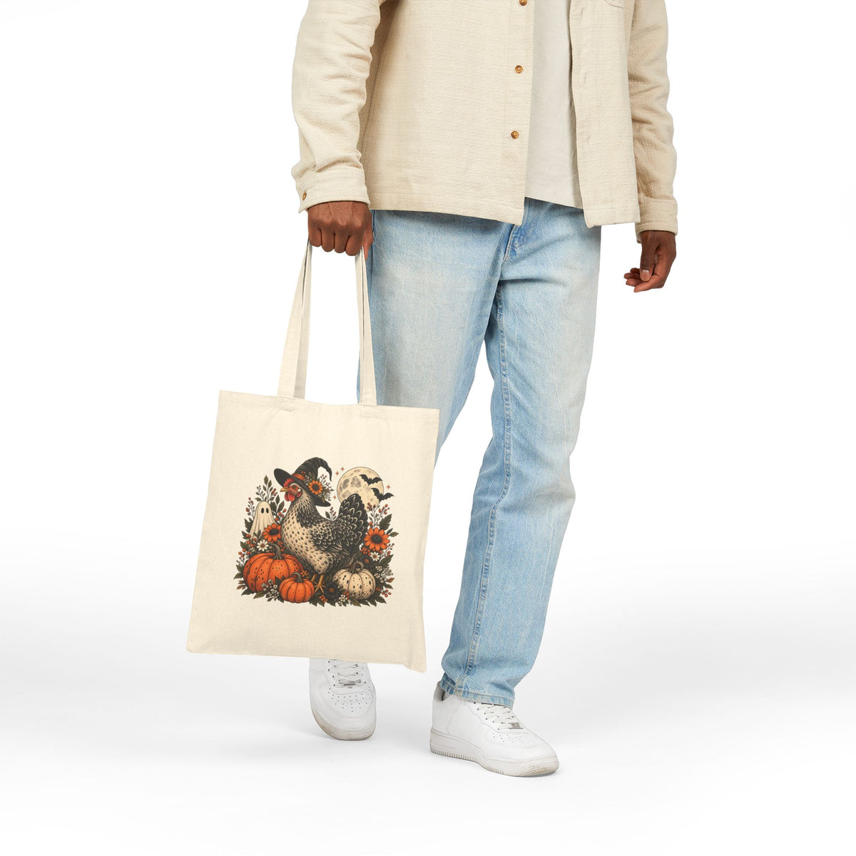 Autumn Witchy Chicken Cotton Canvas Tote — Pumpkin, Moon & Chicken Halloween Market Bag