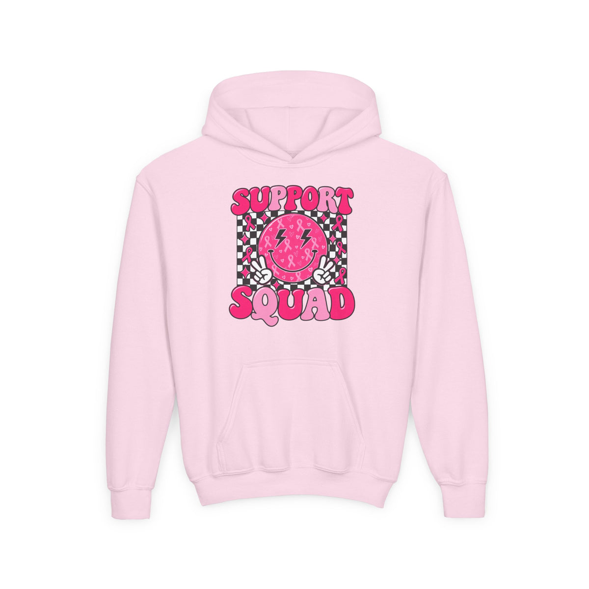 Support Squad Youth Hoodie — Pink Smiley Checkerboard Graphic