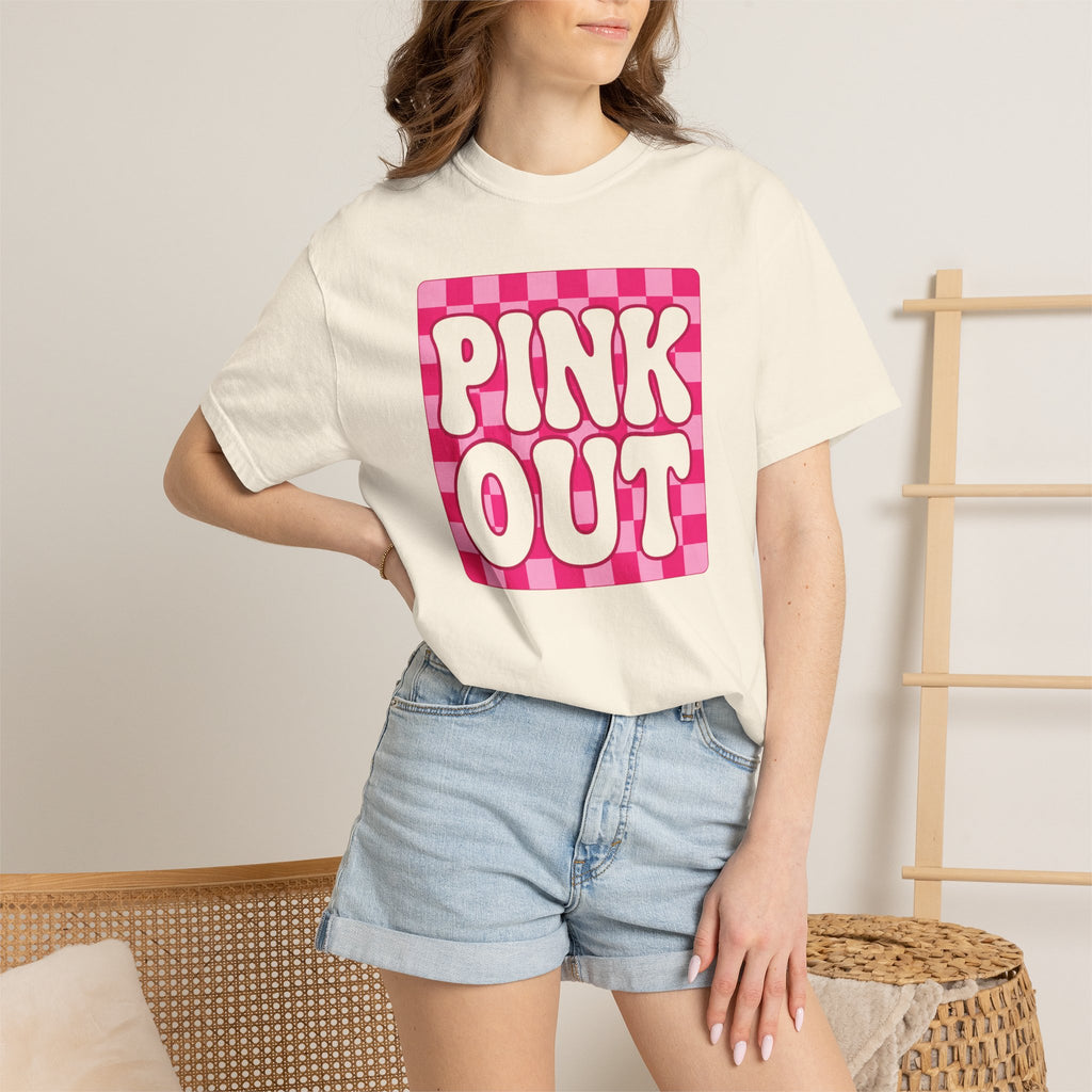 Pink Out Checkerboard T-Shirt — Retro Bubble Letter Graphic Tee