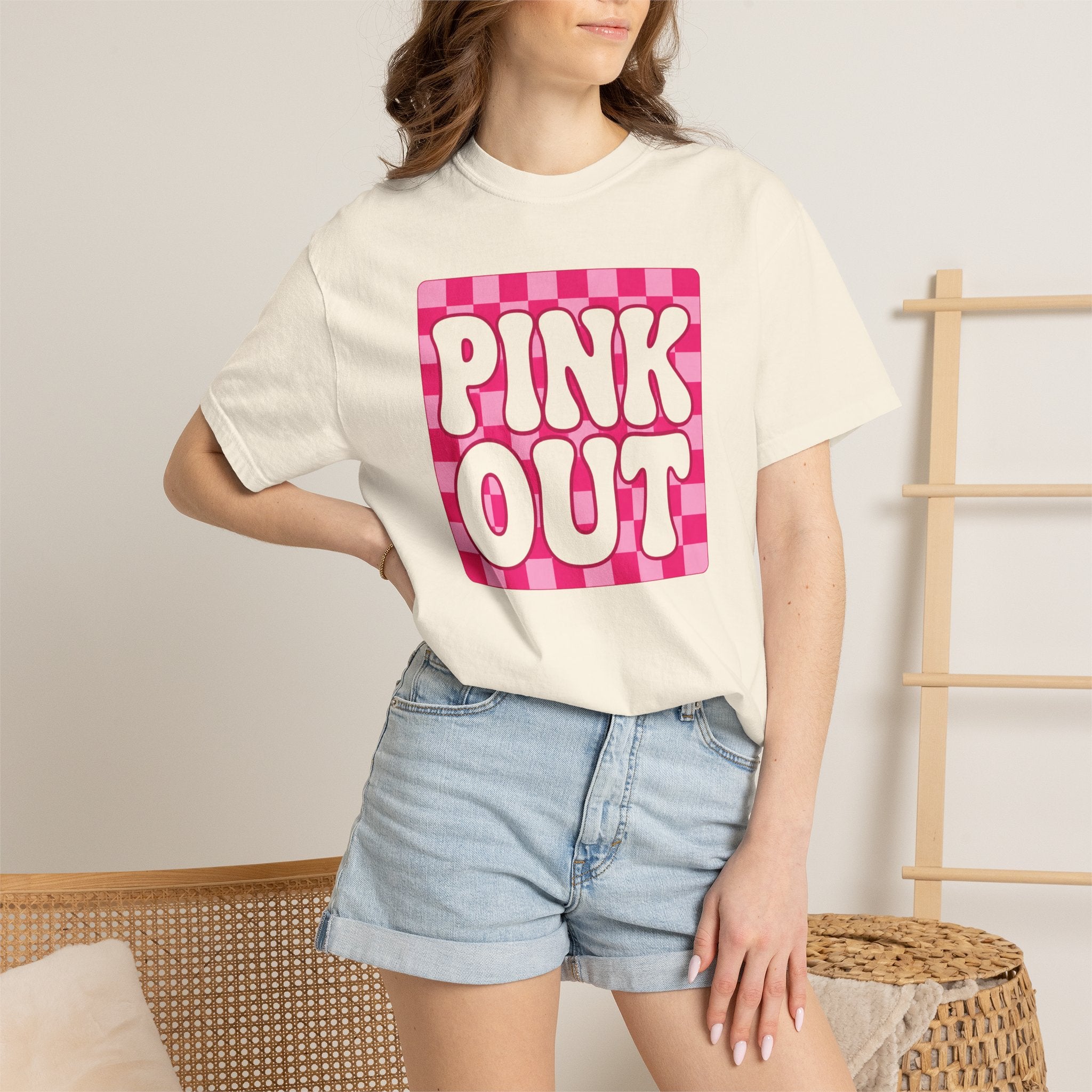 Pink Out Checkerboard T-Shirt — Retro Bubble Letter Graphic Tee