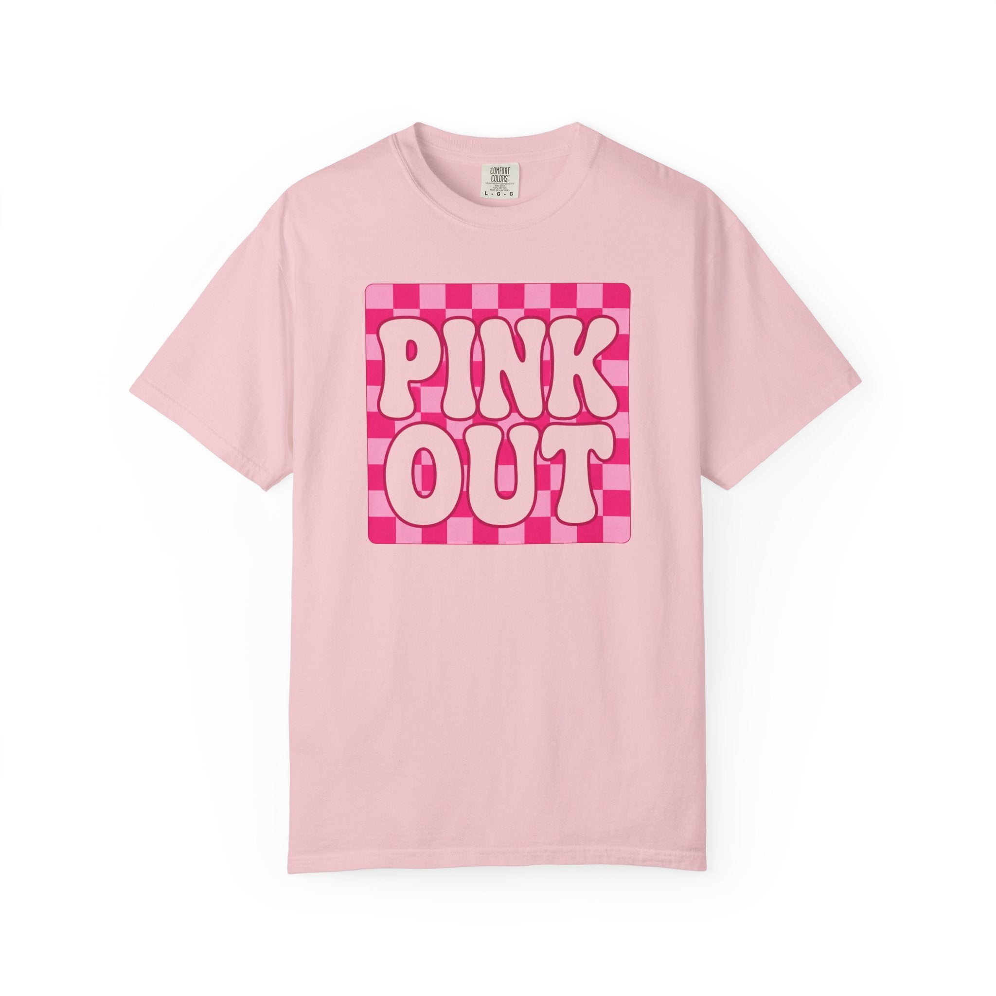 Pink Out Checkerboard T-Shirt — Retro Bubble Letter Graphic Tee