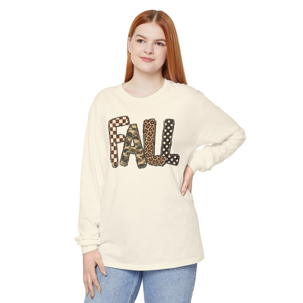 Fall Graphic Long Sleeve Tee — Leopard, Camo & Checkerboard Patch Letters