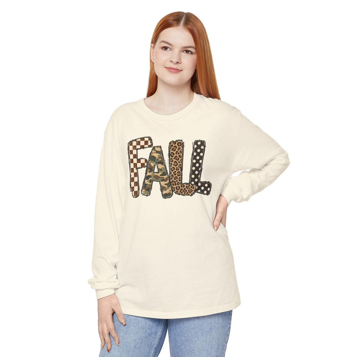Fall Graphic Long Sleeve Tee — Leopard, Camo & Checkerboard Patch Letters