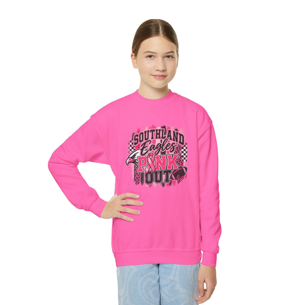 Youth Crewneck Sweatshirt — "Southland Eagles Pink Out" School Spirit Crew