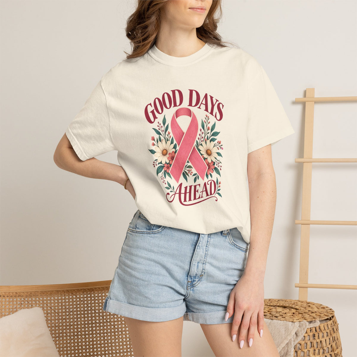 Breast Cancer Awareness T-Shirt — "Good Days Ahead" Ribbon Floral Tee