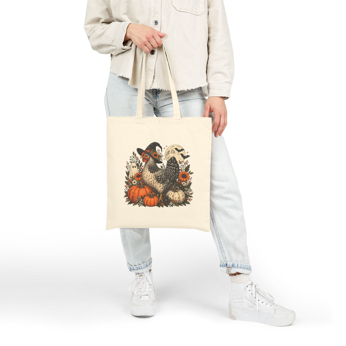 Autumn Witchy Chicken Cotton Canvas Tote — Pumpkin, Moon & Chicken Halloween Market Bag
