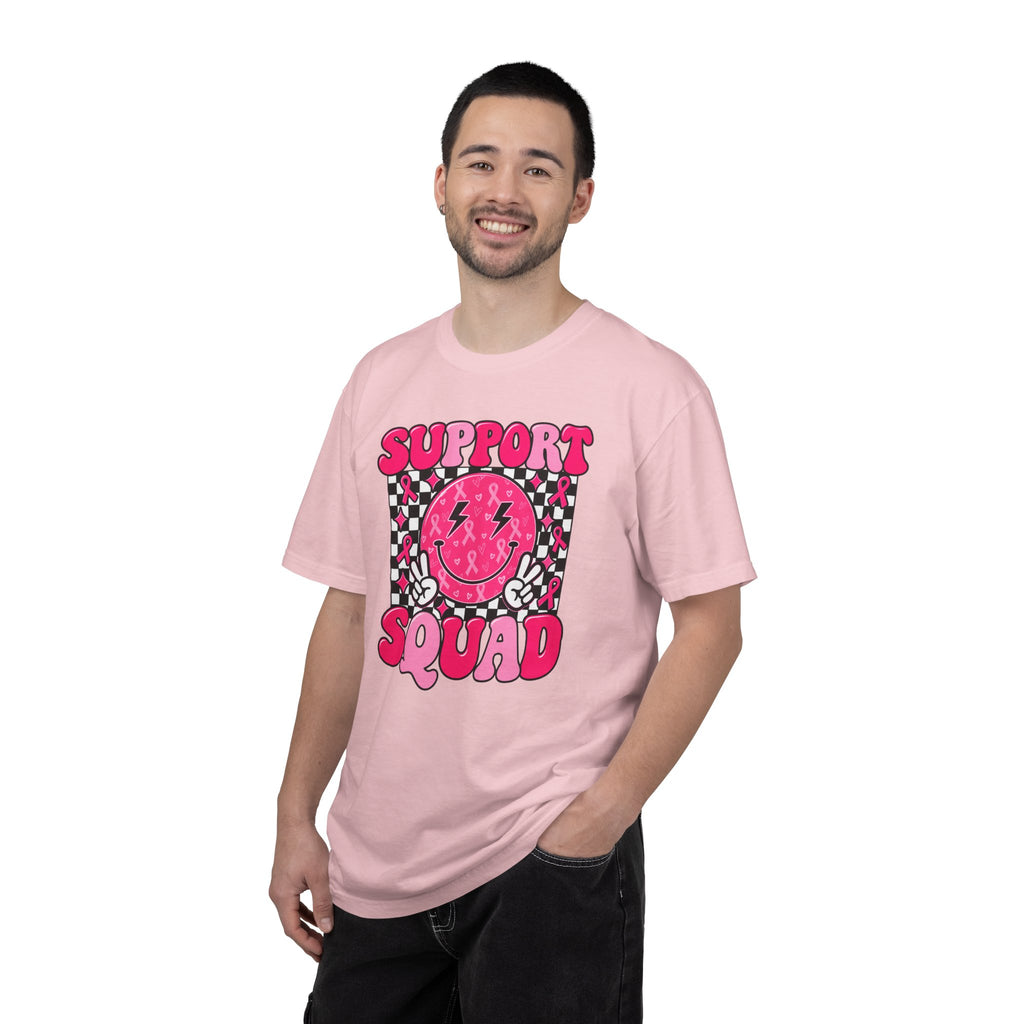 Support Squad T-Shirt — Pink Smiley Checkerboard Graphic Tee