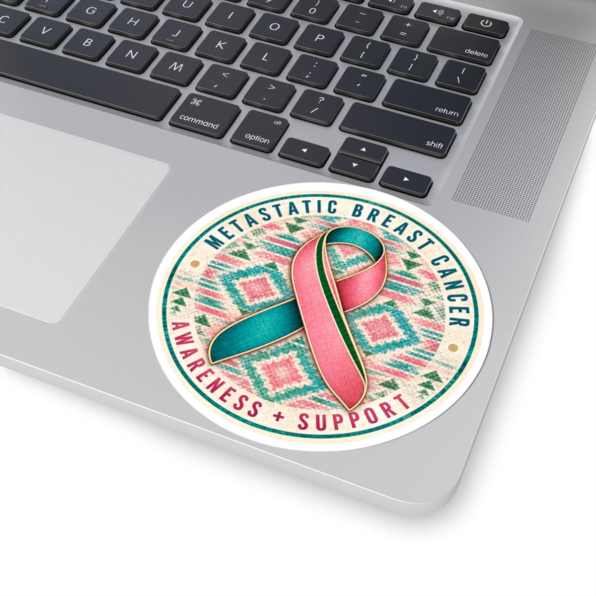 Metastatic Breast Cancer Awareness Kiss-Cut Sticker — Pink & Teal Ribbon Support