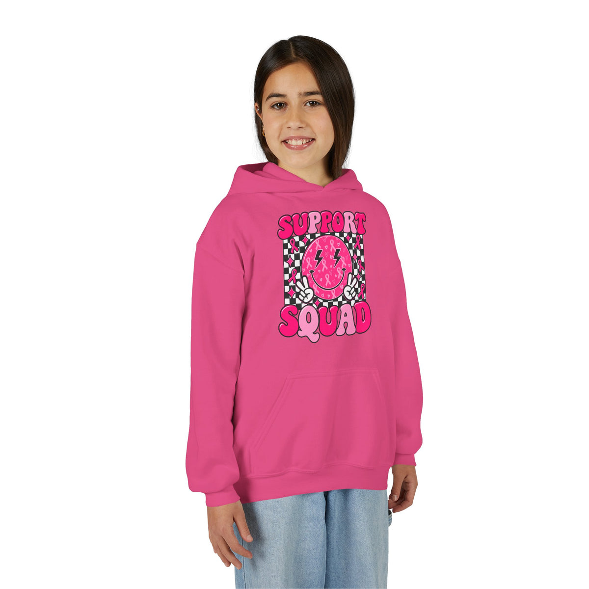 Support Squad Youth Hoodie — Pink Smiley Checkerboard Graphic
