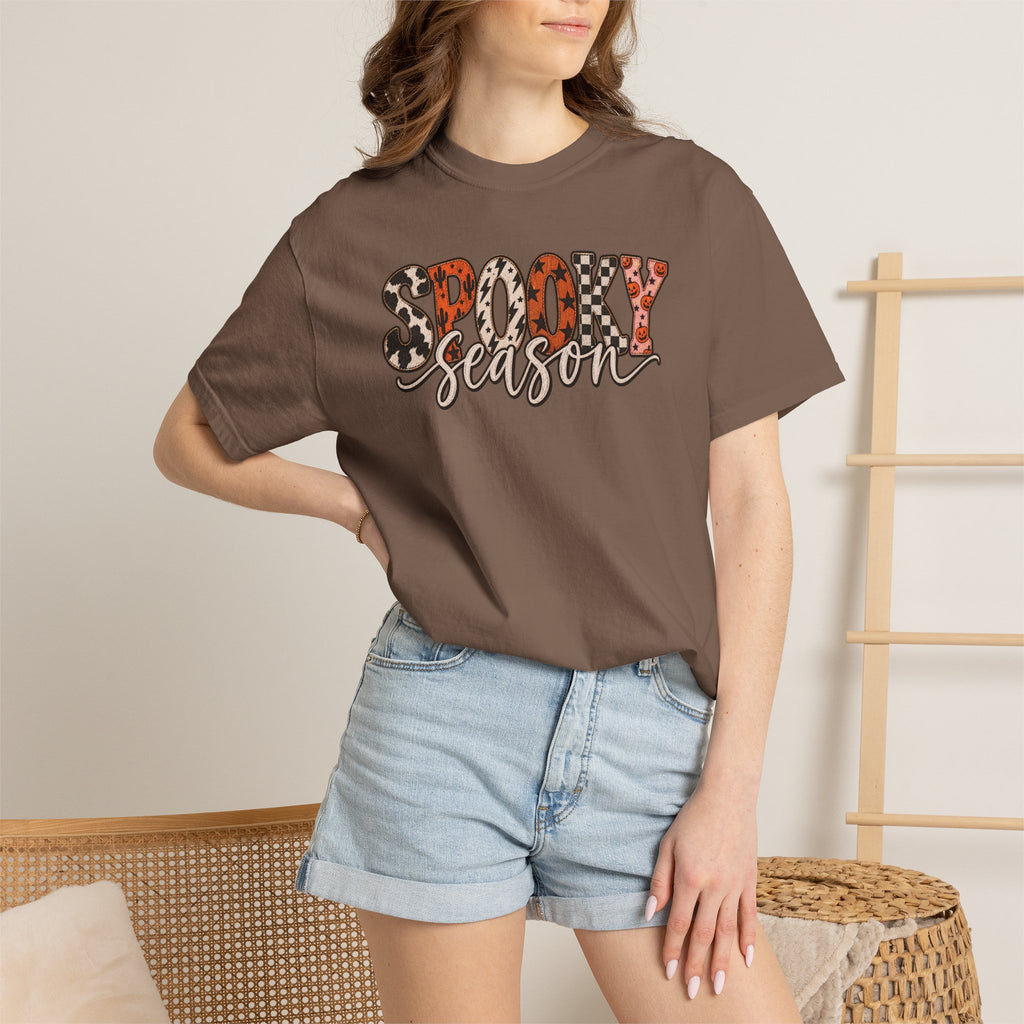 Spooky Season T-Shirt — Halloween Graphic Tee with Leopard & Pumpkin Print