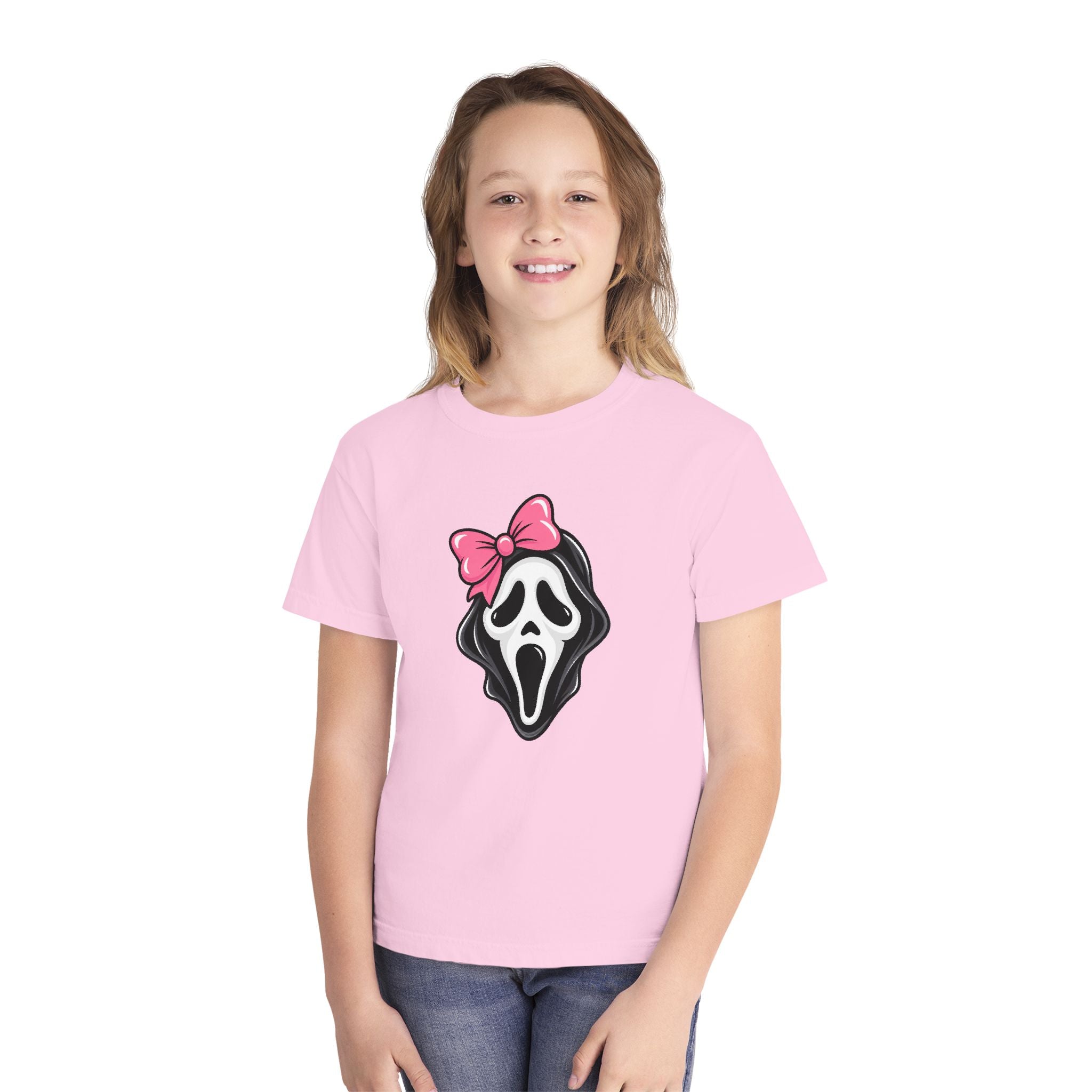Youth Tee — Pink Bow Scream Mask Graphic