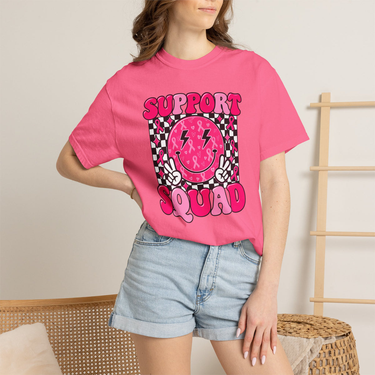 Support Squad T-Shirt — Pink Smiley Checkerboard Graphic Tee