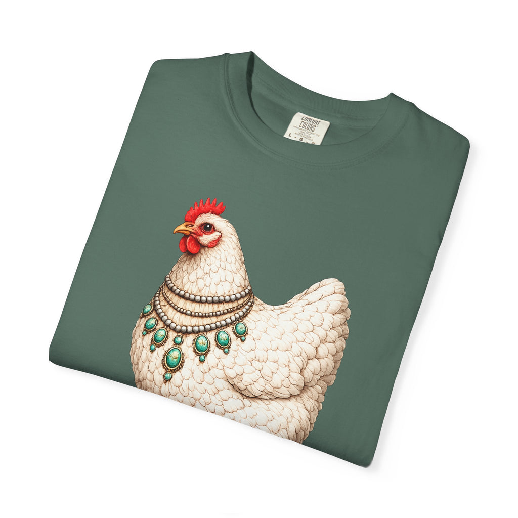 Chicken Illustration T-Shirt — Vintage Hen with Turquoise Necklace Tee