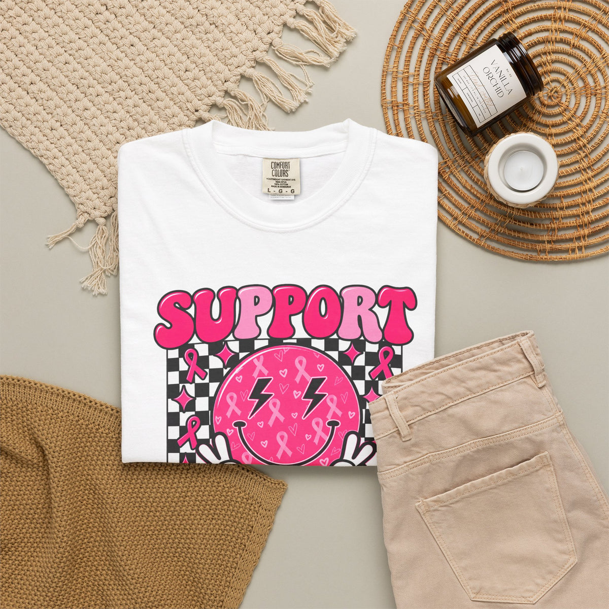 Support Squad T-Shirt — Pink Smiley Checkerboard Graphic Tee