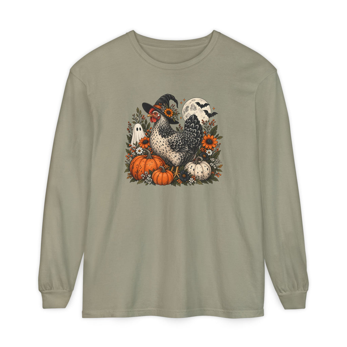 Halloween Chicken Tee — Witch Hat Chicken with Pumpkins & Ghosts Long Sleeve Shirt
