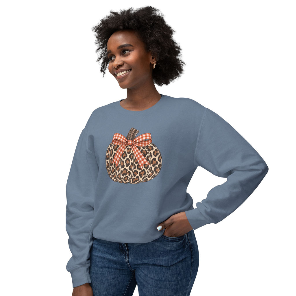 Leopard Pumpkin Crewneck Sweatshirt - Fall Plaid Bow Autumn Pullover