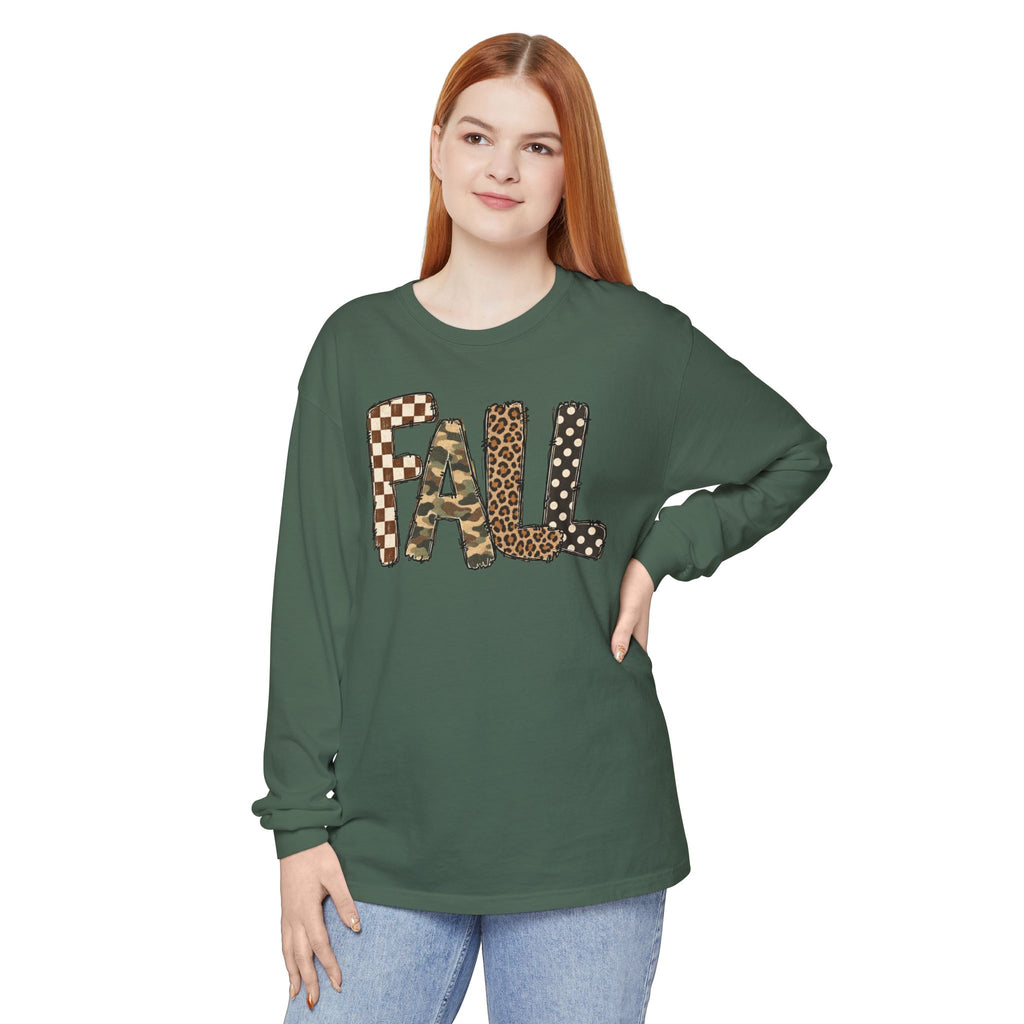 Fall Graphic Long Sleeve Tee — Leopard, Camo & Checkerboard Patch Letters