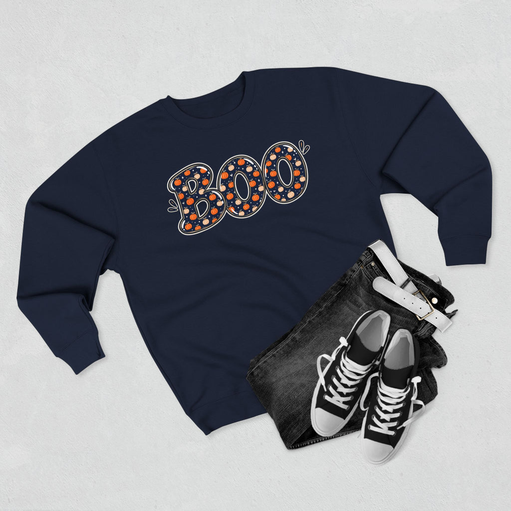 BOO Polka Dot Halloween Sweatshirt — Pumpkin & Navy Dotted Crewneck