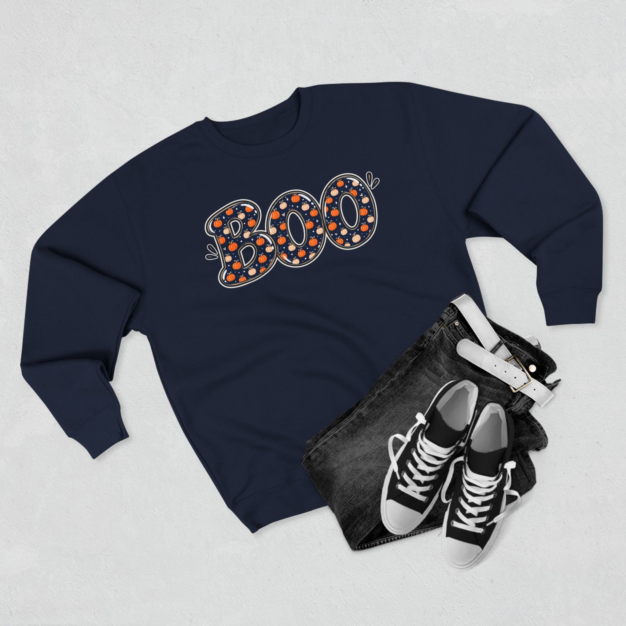 BOO Polka Dot Halloween Sweatshirt — Pumpkin & Navy Dotted Crewneck