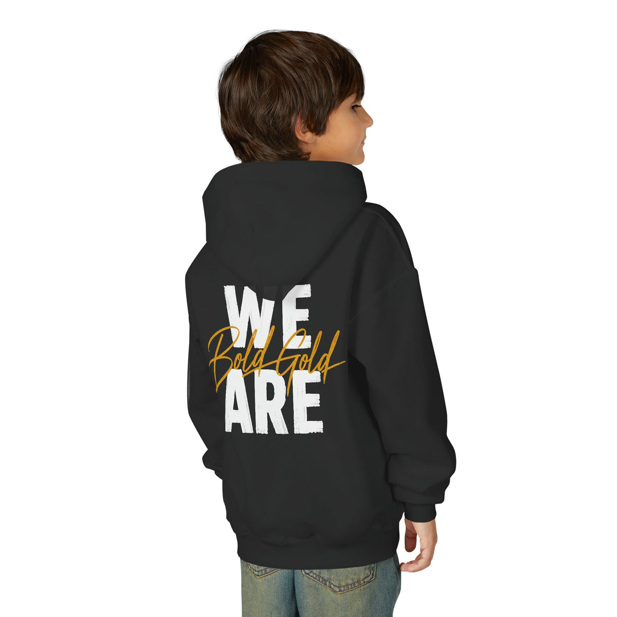 Youth Hoodie — “WE ARE” Bold Gold Script Team Pullover