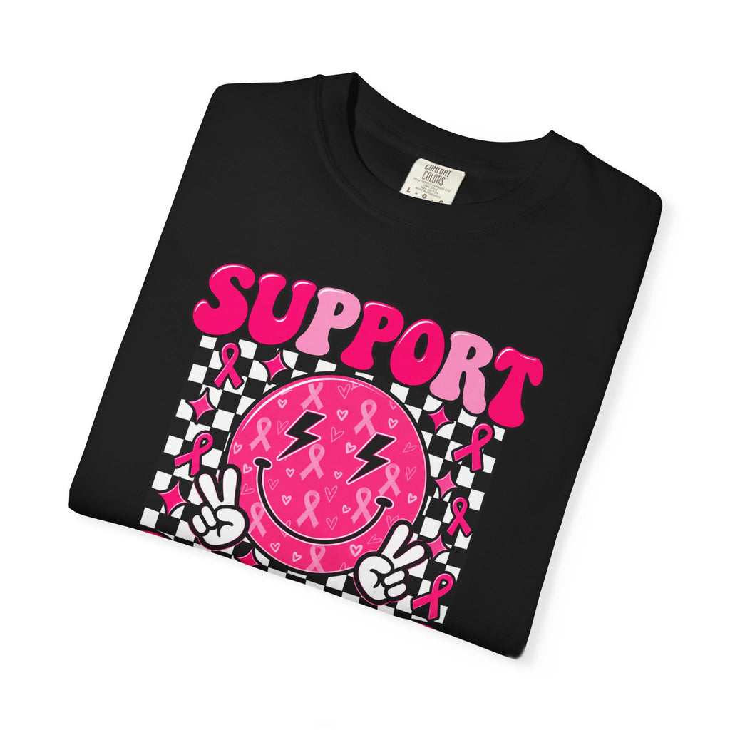 Support Squad T-Shirt — Pink Smiley Checkerboard Graphic Tee