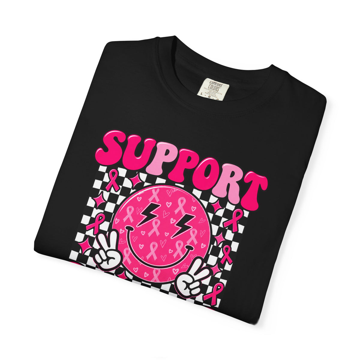 Support Squad T-Shirt — Pink Smiley Checkerboard Graphic Tee