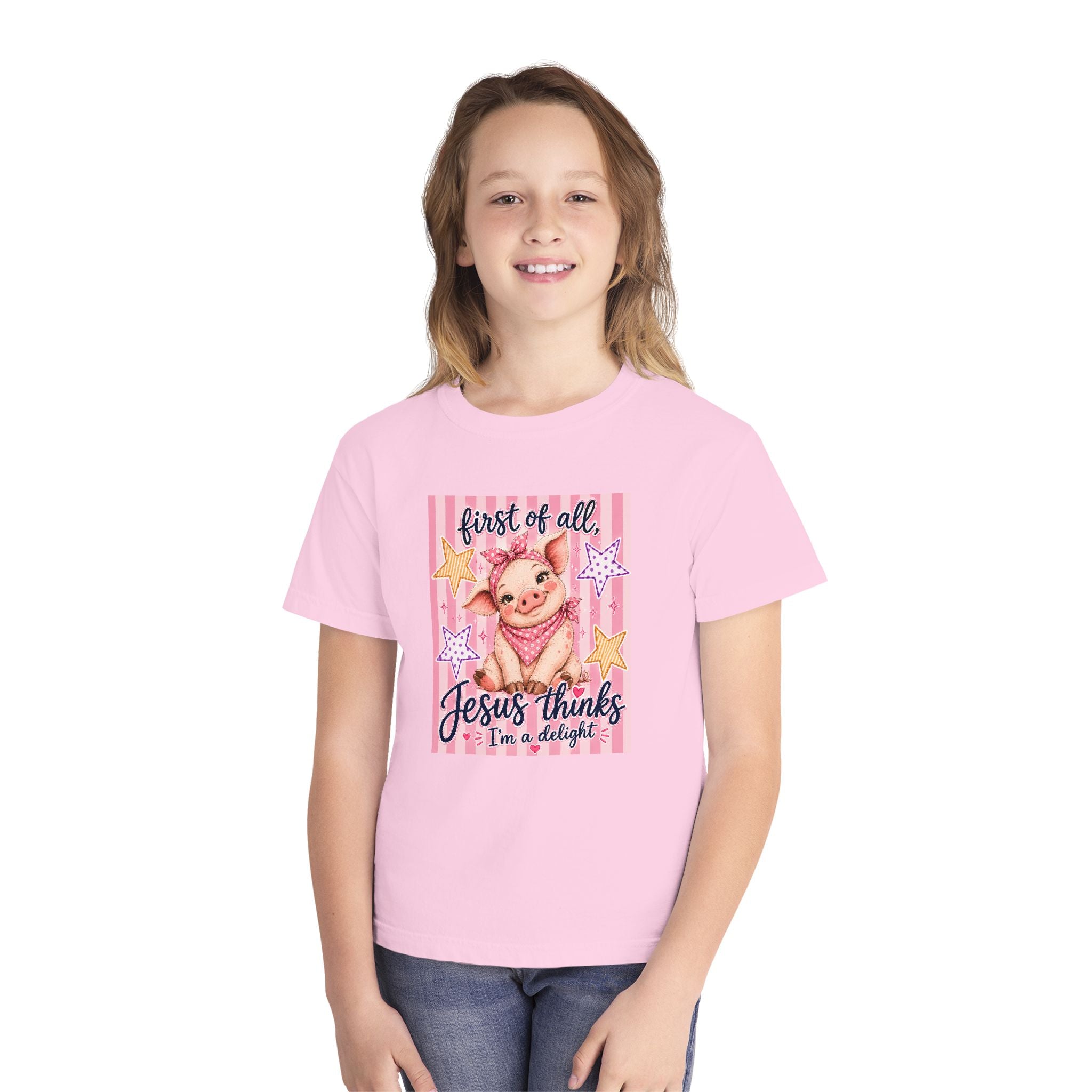 Kids Christian Tee — "First of All, Jesus Thinks I’m a Delight" Pink Piglet Graphic