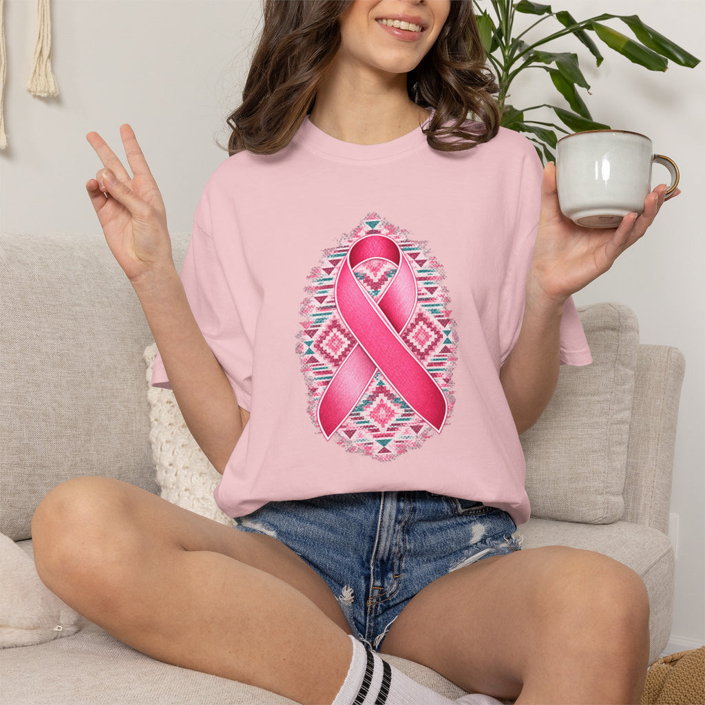 Breast Cancer Awareness Ribbon T-Shirt — Pink Ribbon Floral Tribal Tee