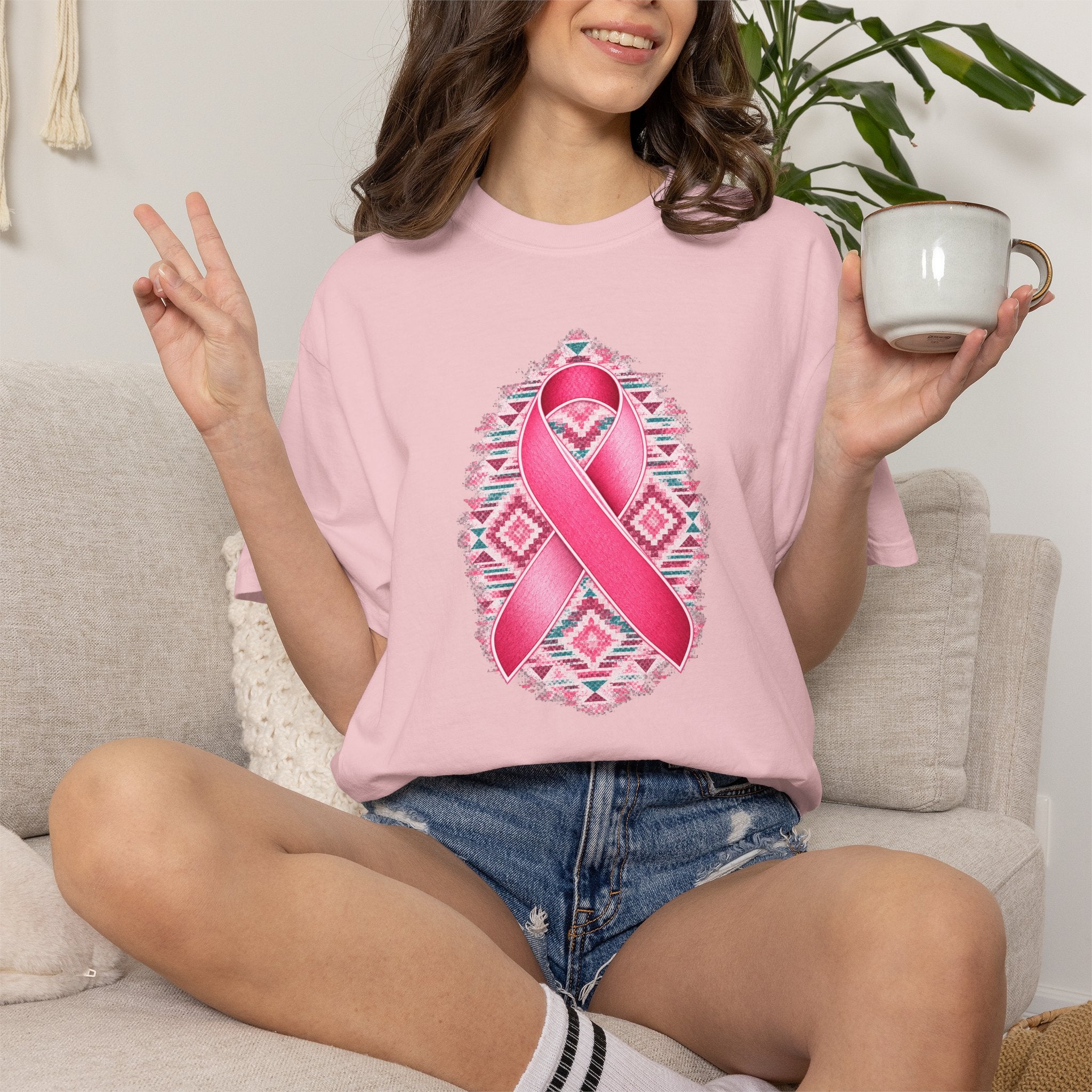 Breast Cancer Awareness Ribbon T-Shirt — Pink Ribbon Floral Tribal Tee