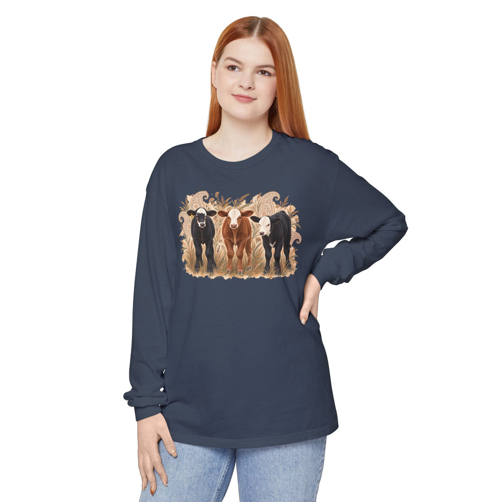 Cow Trio Long Sleeve Shirt — Rustic Farm Animal Tee for Ranch Lovers