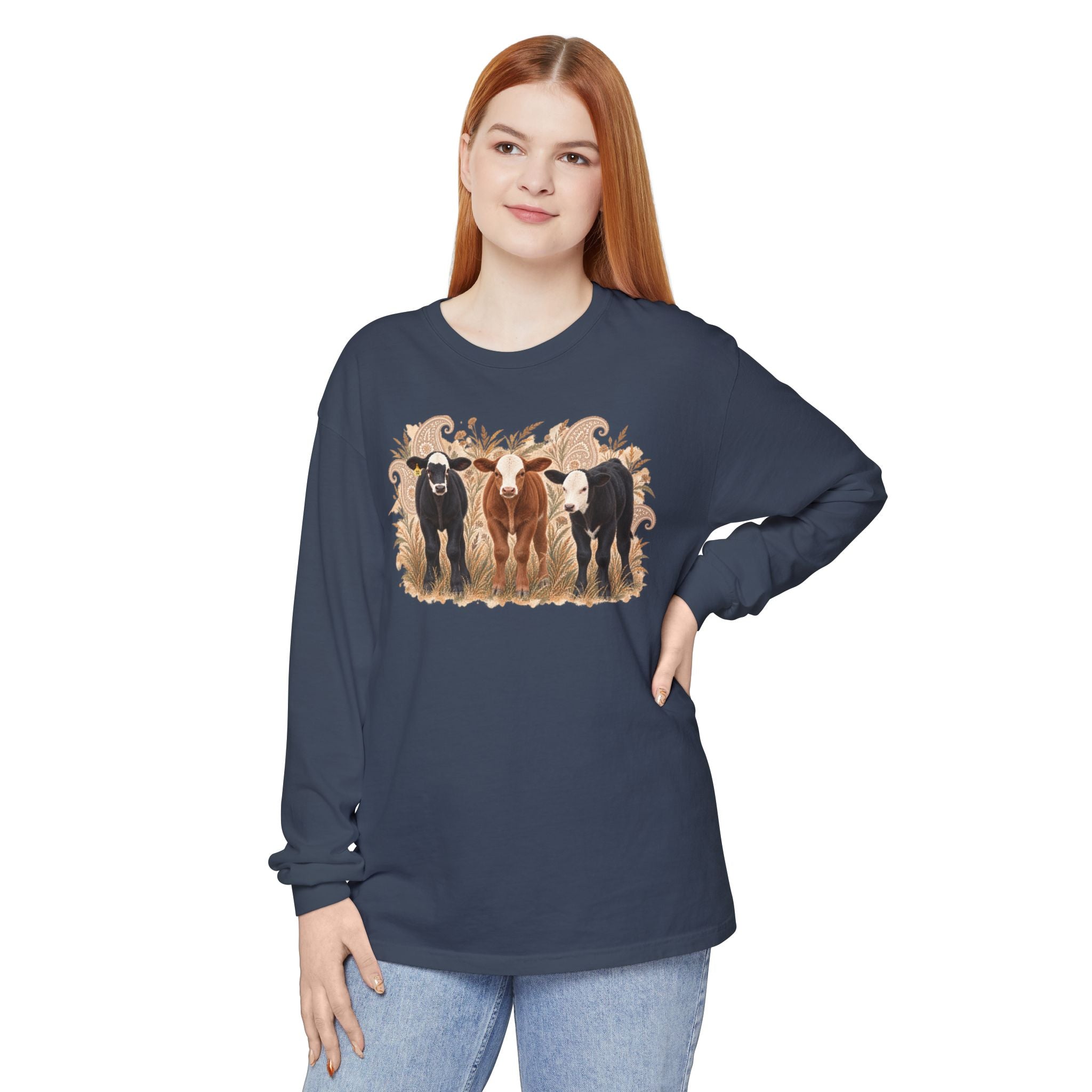 Cow Trio Long Sleeve Shirt — Rustic Farm Animal Tee for Ranch Lovers