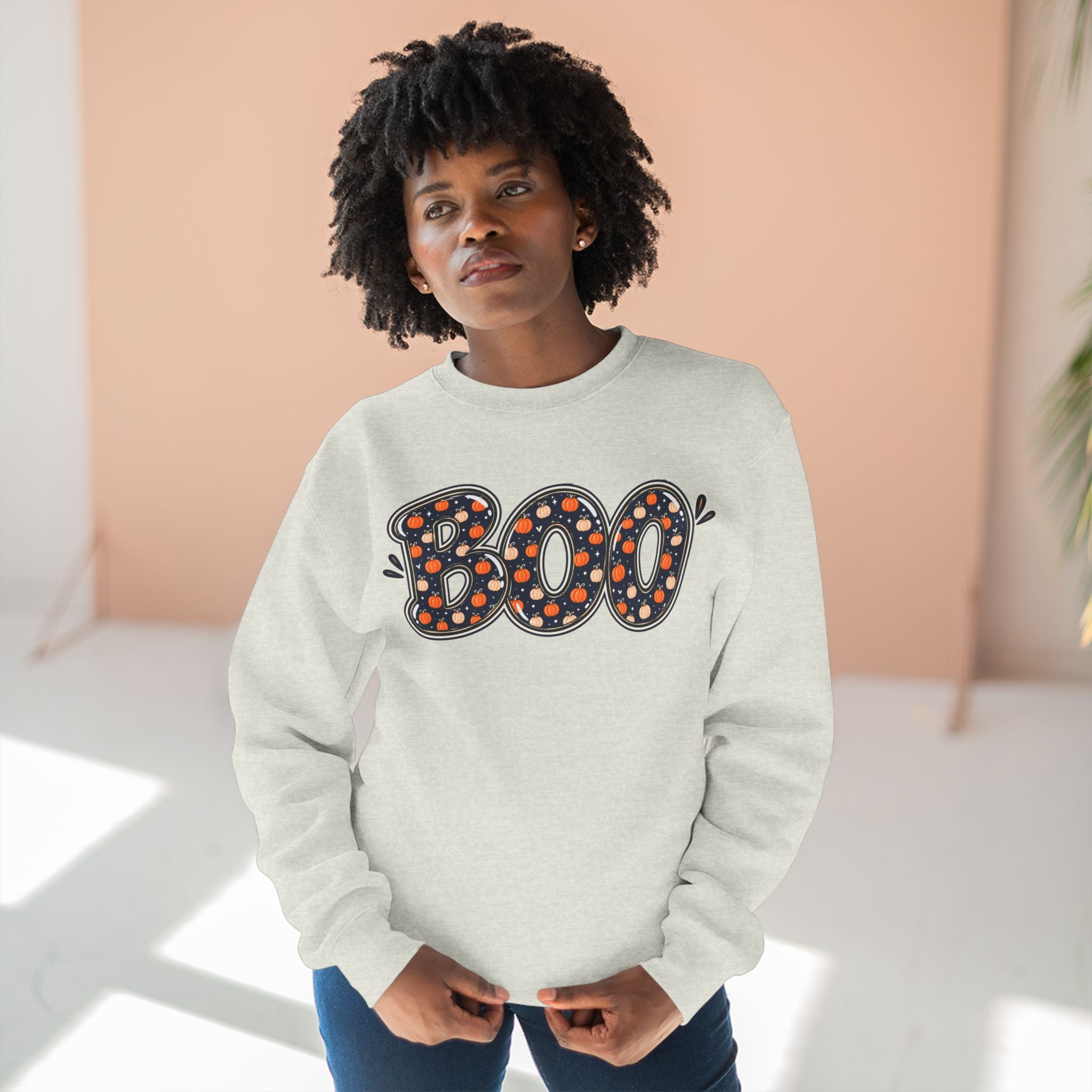 BOO Polka Dot Halloween Sweatshirt — Pumpkin & Navy Dotted Crewneck