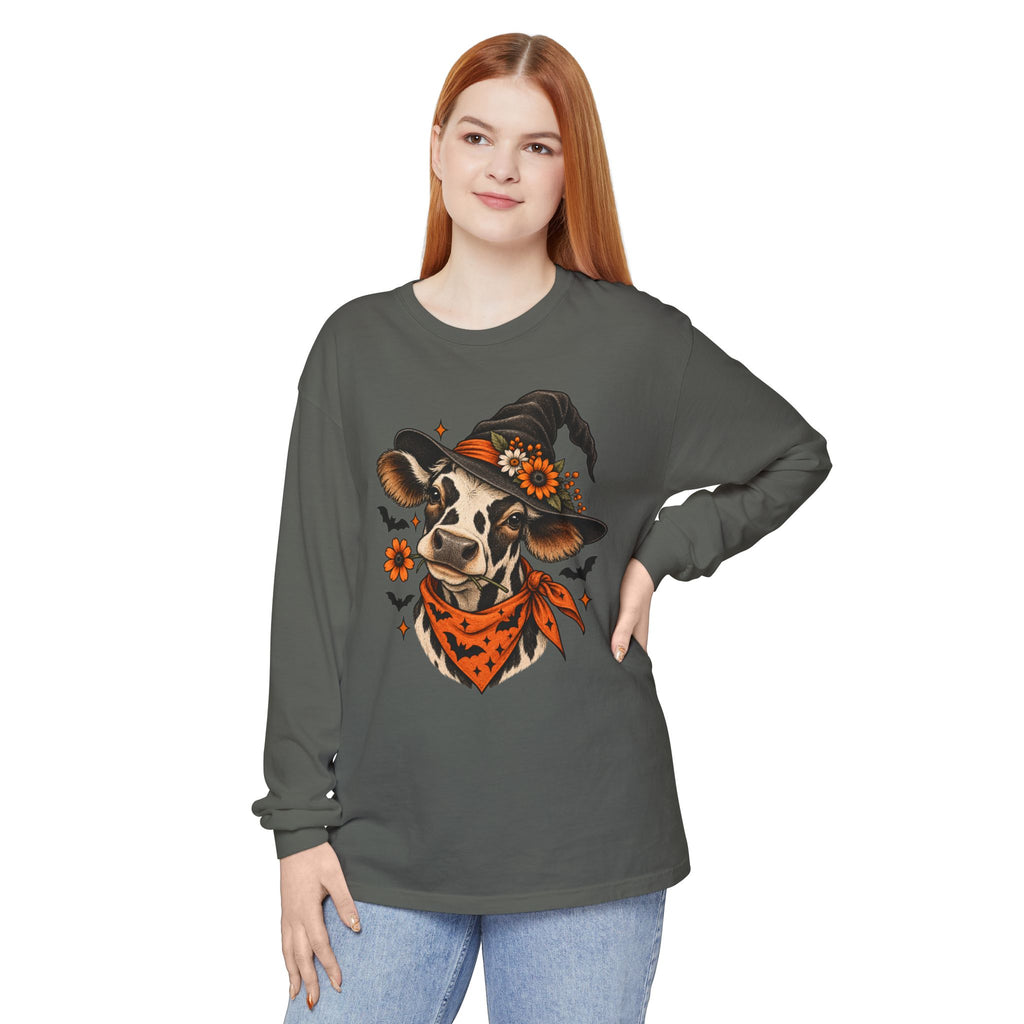 Halloween Witch Cow Long Sleeve Tee — Witchy Cow with Bats & Autumn Florals
