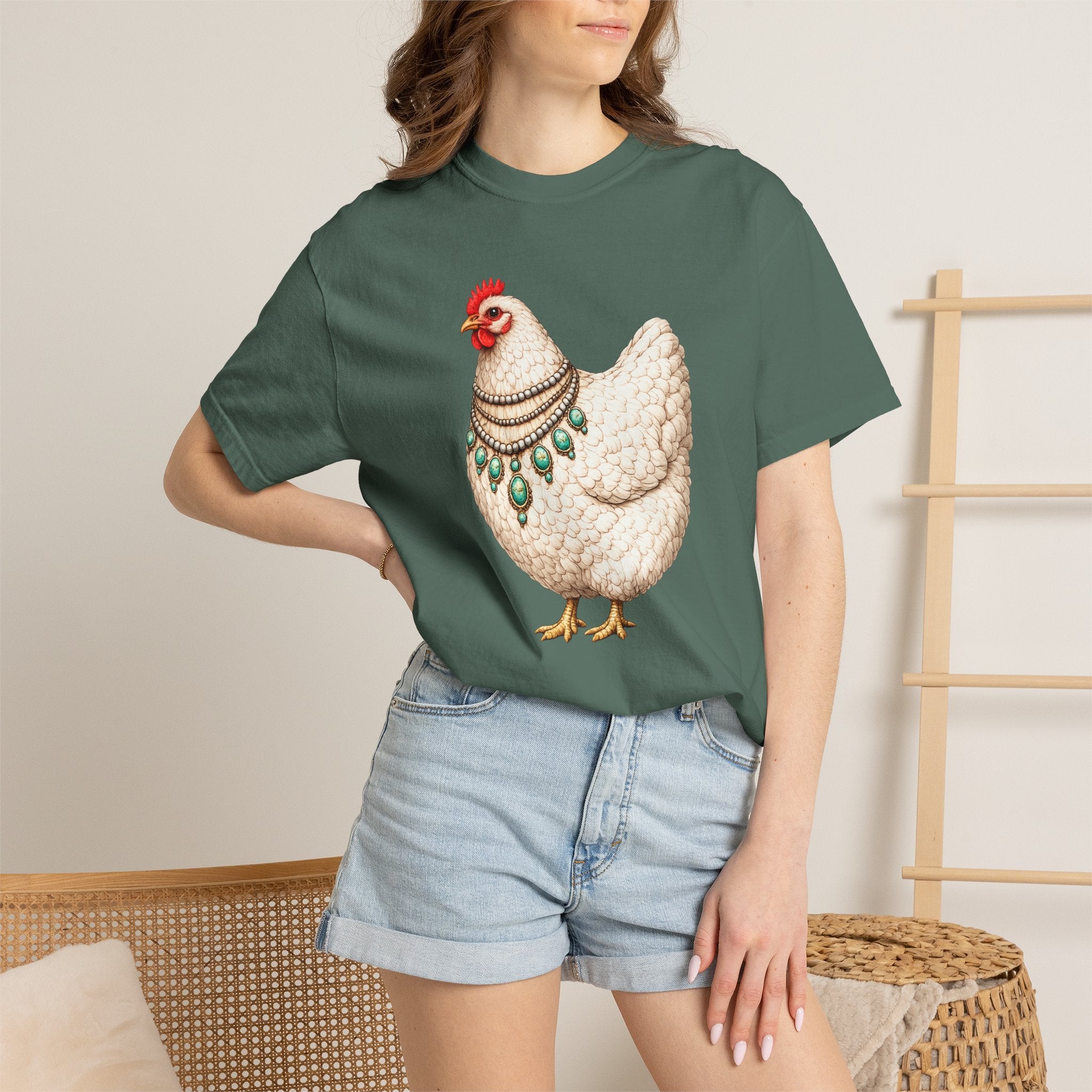 Chicken Illustration T-Shirt — Vintage Hen with Turquoise Necklace Tee