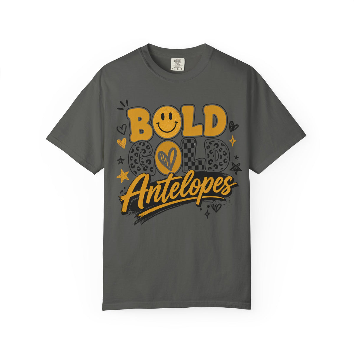 Bold Gold Antelopes Graphic T-Shirt — Cheerful Retro Smile Design