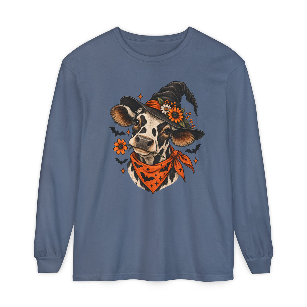 Halloween Witch Cow Long Sleeve Tee — Witchy Cow with Bats & Autumn Florals