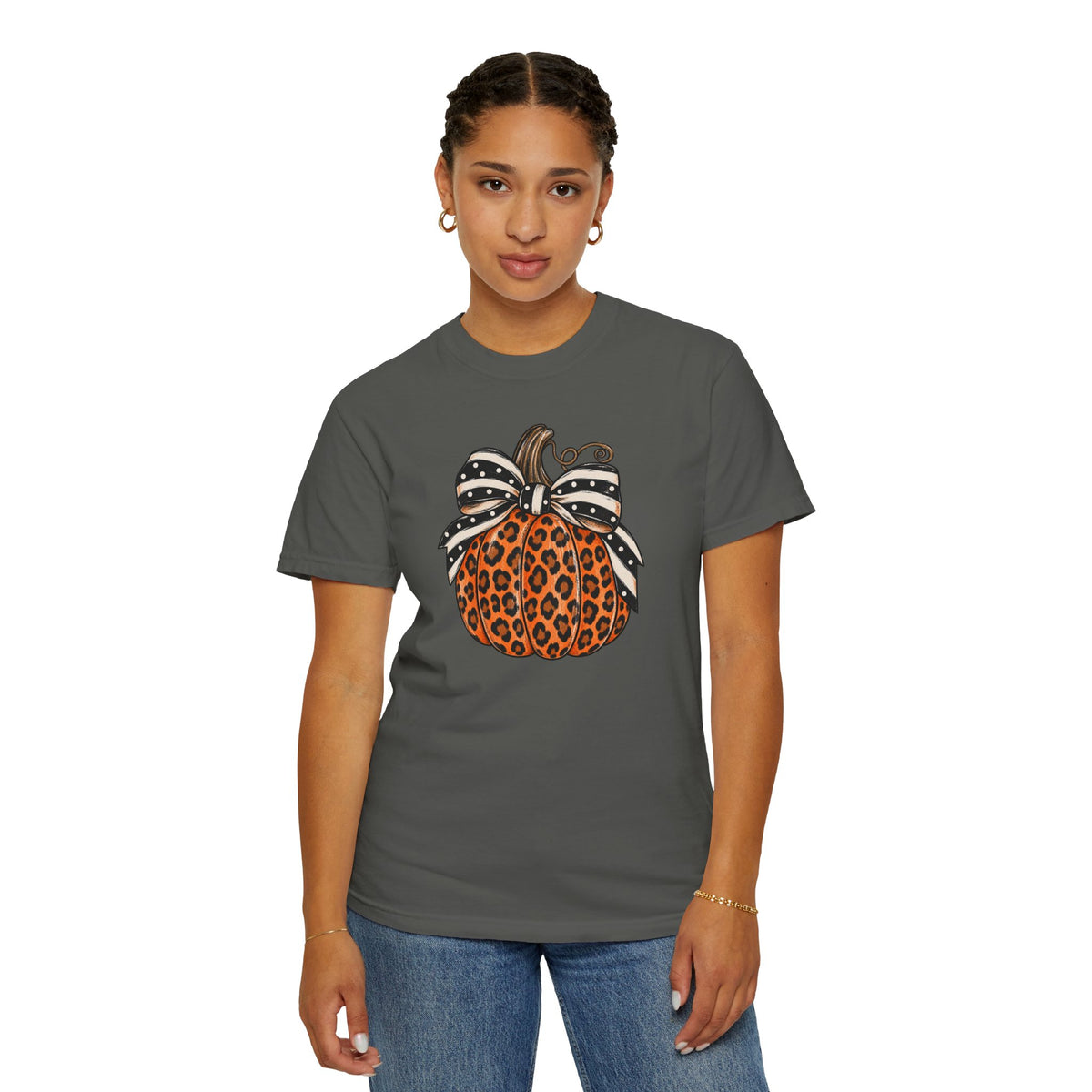 Leopard Pumpkin T-Shirt — Autumn Pumpkin Graphic Tee with Polka Dot Bow