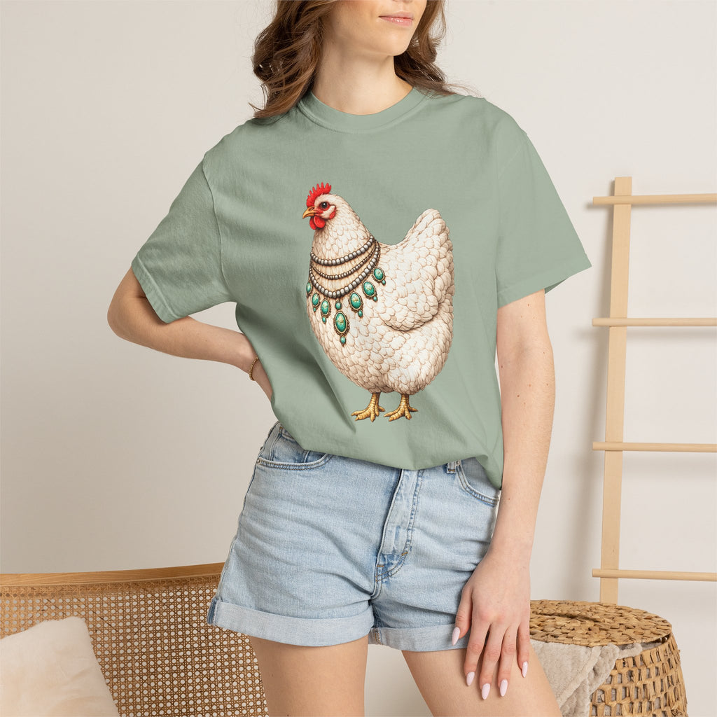 Chicken Illustration T-Shirt — Vintage Hen with Turquoise Necklace Tee