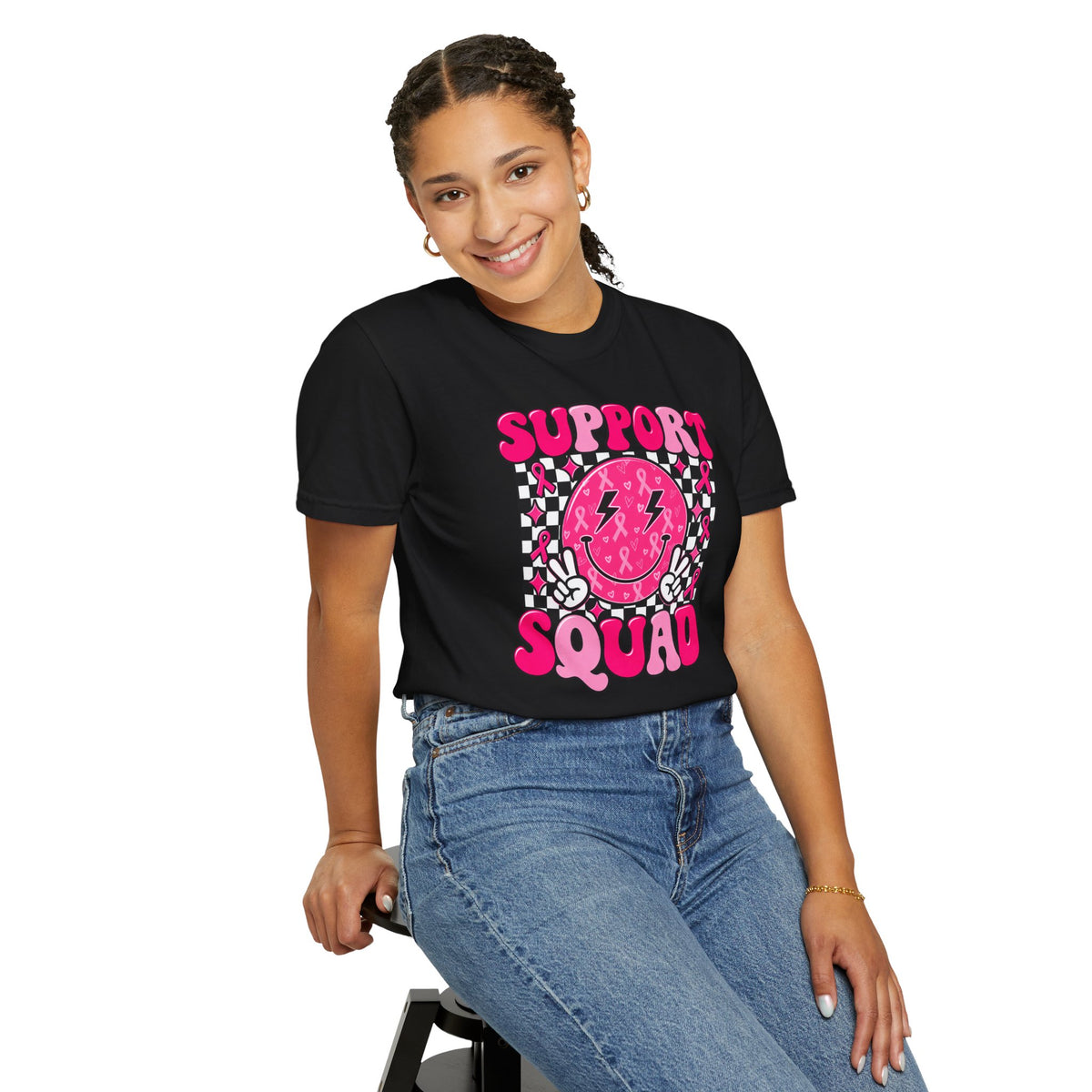 Support Squad T-Shirt — Pink Smiley Checkerboard Graphic Tee