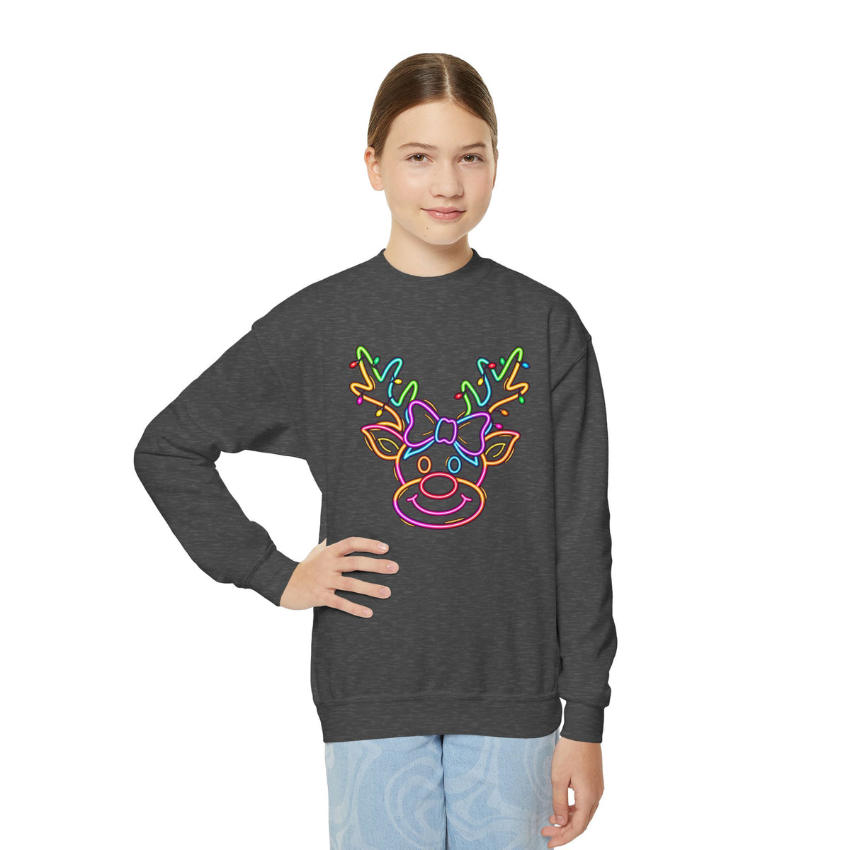 Youth Crewneck Sweatshirt with Neon Reindeer Christmas Design