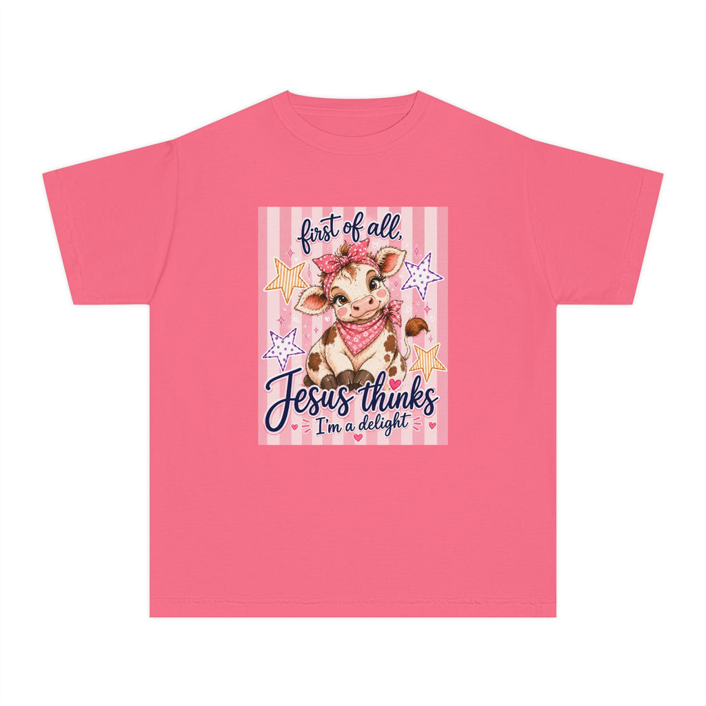 Youth Tee — “First of All, Jesus Thinks I’m a Delight” Cute Pink Cow Christian Kids Shirt