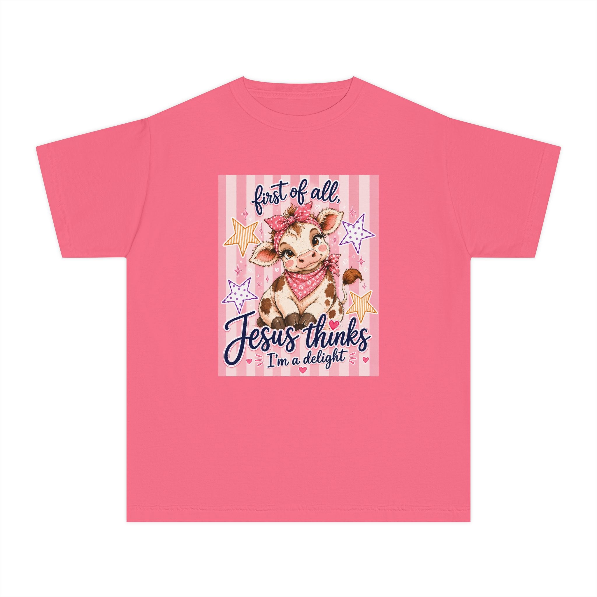 Youth Tee — “First of All, Jesus Thinks I’m a Delight” Cute Pink Cow Christian Kids Shirt