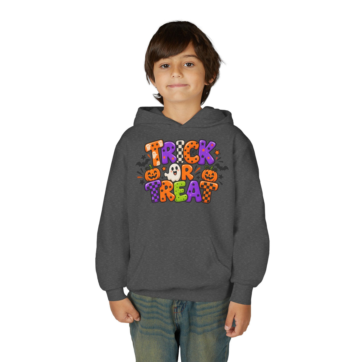 Youth Halloween Hoodie - "Trick or Treat" Colorful Pumpkin Design